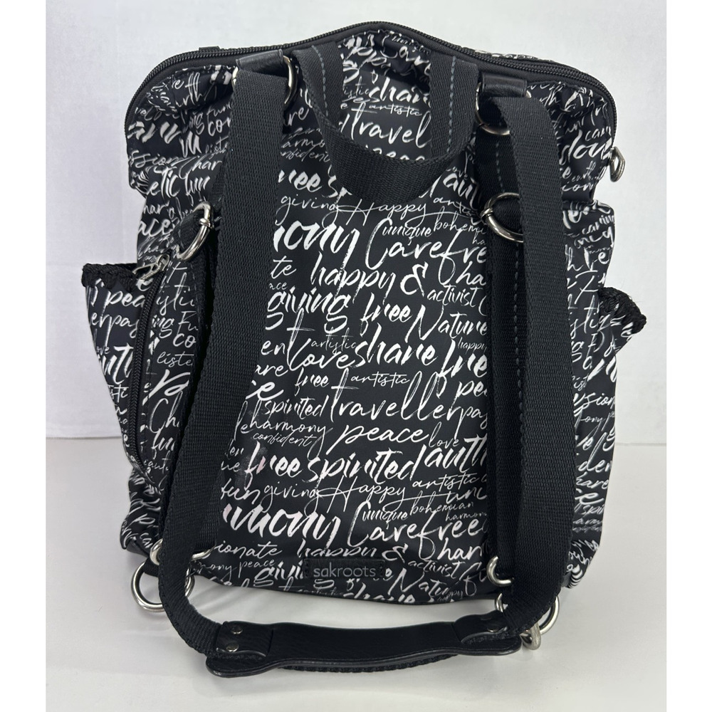 Sakroots Black Backpack White Script Print Convertible Travel Boho Bag Keychain - Picture 14 of 16